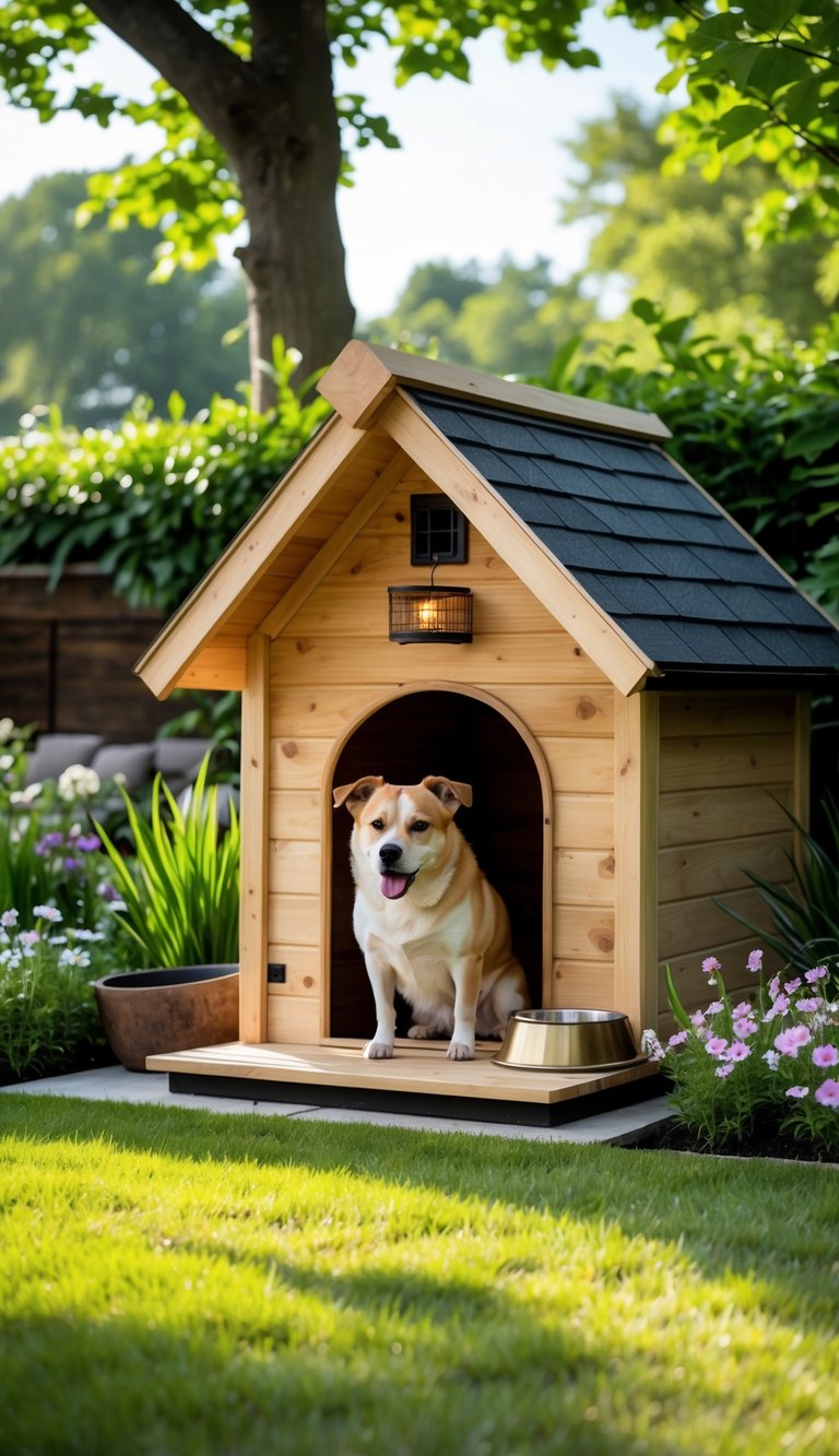 A wooden dog house in a green backyard with flowers and sunlight.