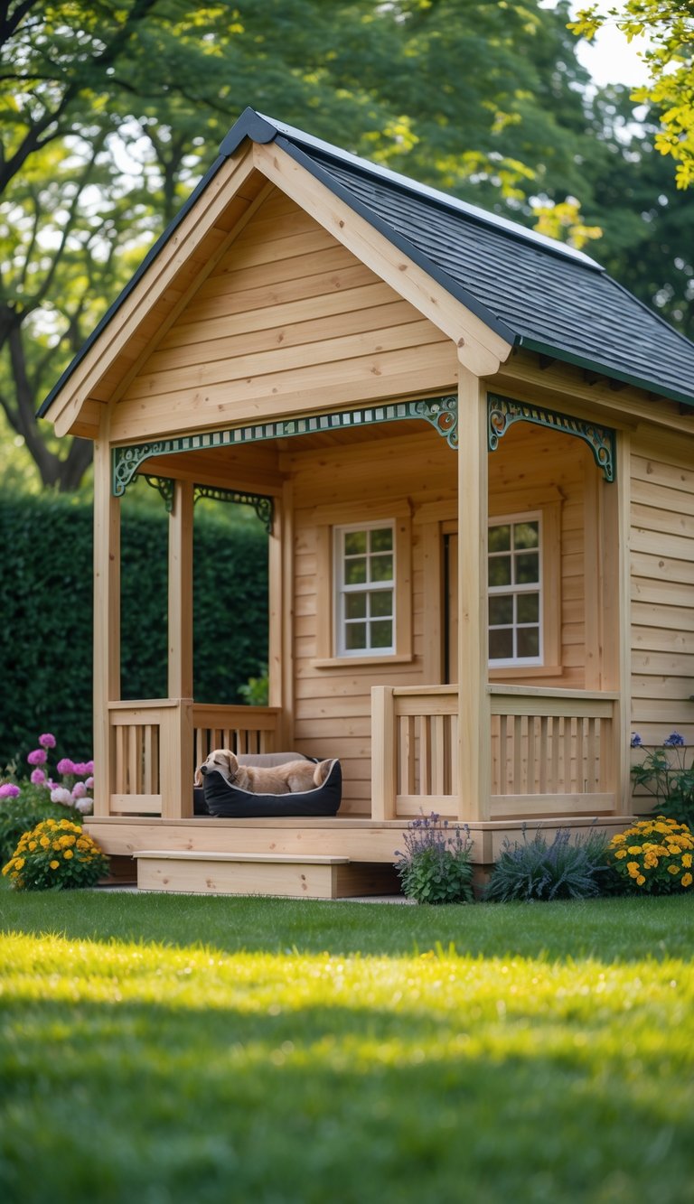 A wooden dog house with a large front porch in a sunny backyard surrounded by grass and flowers.