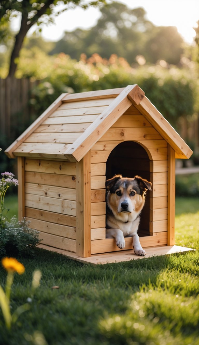 A wooden dog house on a green lawn with plants around it under soft sunlight.