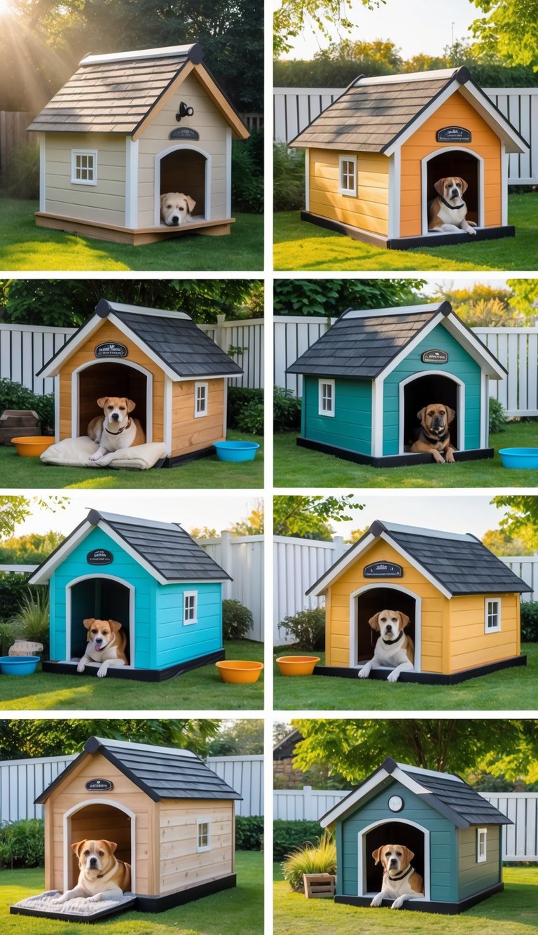 A backyard with 15 different insulated dog houses and several dogs resting nearby or inside them.