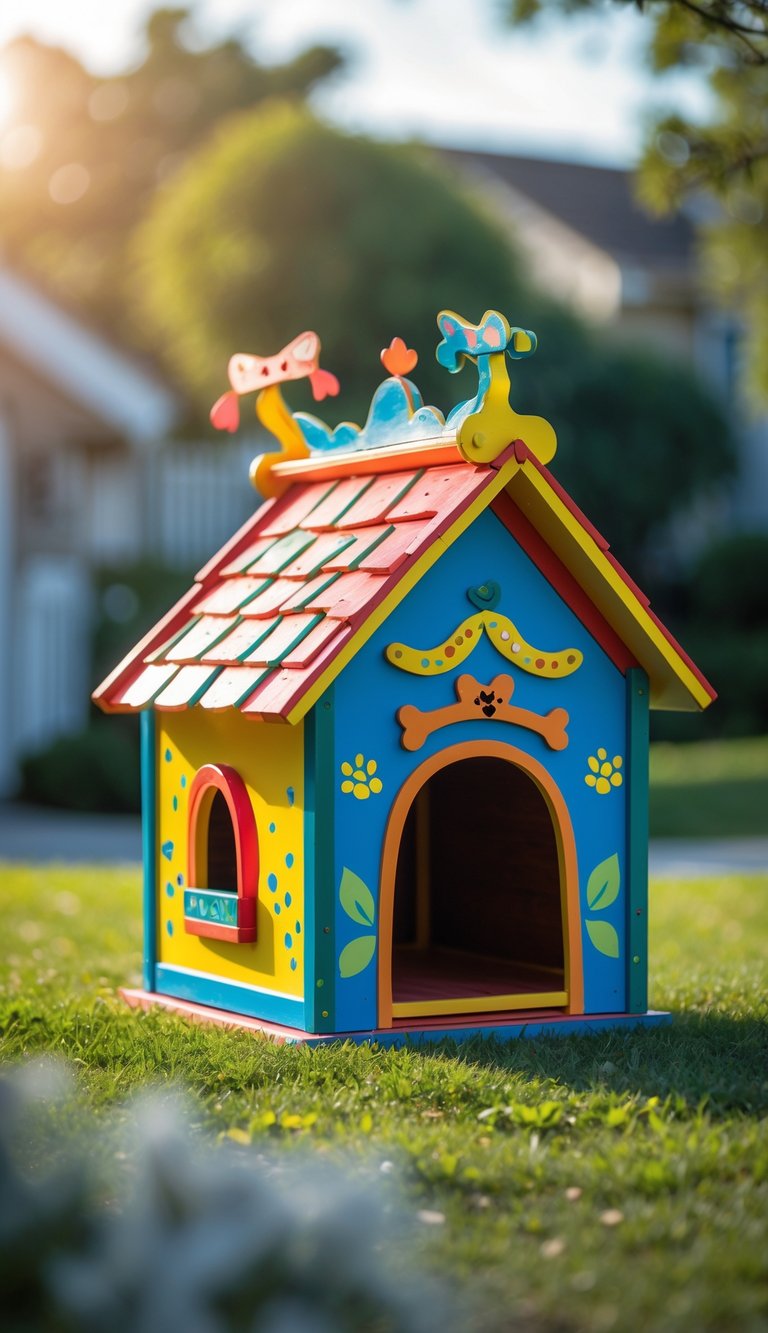 A colorful painted dog house with a cute roof sitting on a lawn in a sunny outdoor setting.