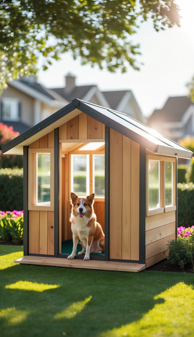 A dog house with transparent roof panels on a green lawn with a dog resting nearby, surrounded by flowers and bushes.