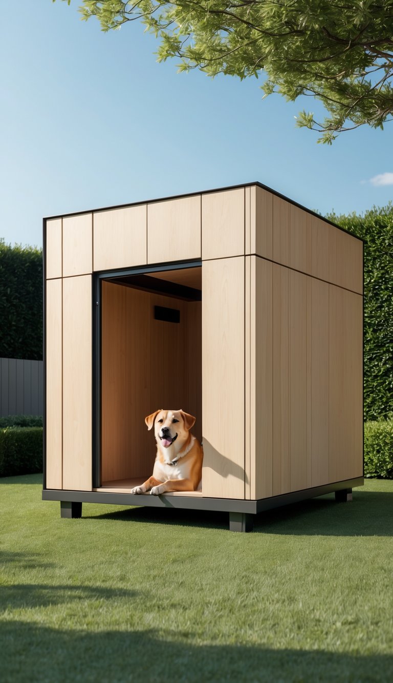 A modern dog house on a green lawn with a dog sitting nearby and a garden in the background.