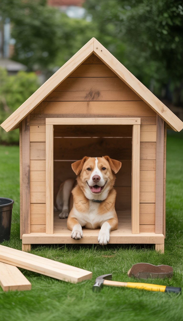 A medium-sized dog sitting comfortably next to a newly built wooden dog house in a green backyard.