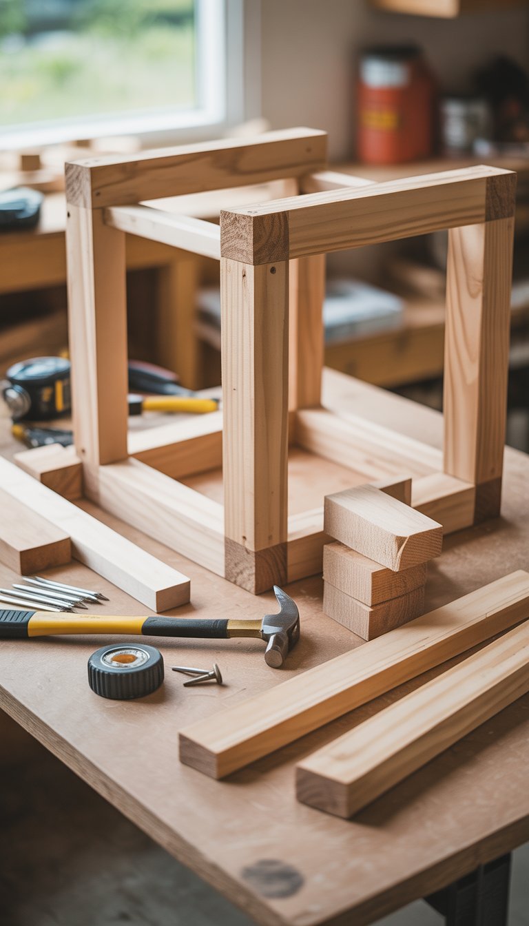 Partially built wooden frame of a dog house made from 2x4 and 2x2 lumber on a work surface with tools nearby.
