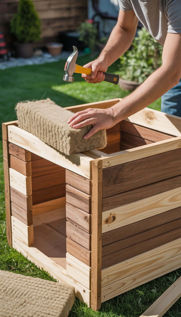 Person building a wooden dog house with double-thickness walls in a backyard using basic tools.