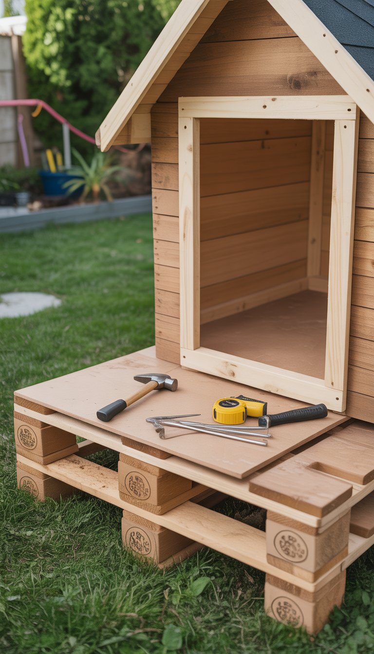 Partially built wooden dog house elevated on blocks outdoors with tools nearby and grass in the background.