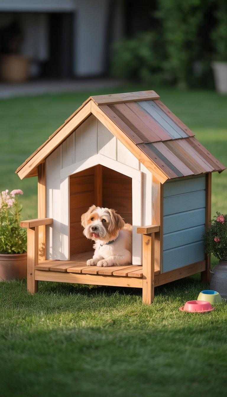 A small wooden dog house with a front porch and awning on a green lawn with flowers and toys nearby.