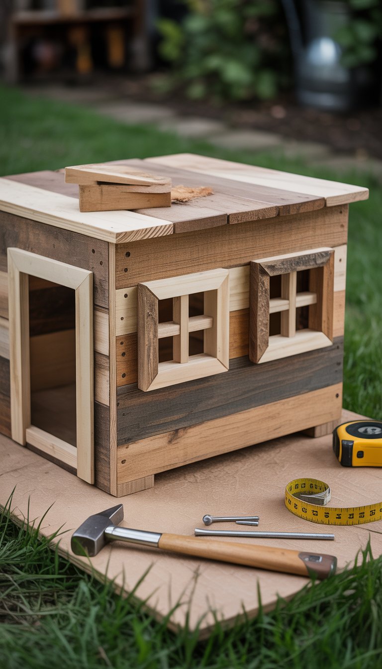 A handmade dog house made from scrap wood with custom windows, placed outdoors on grass with woodworking tools nearby.