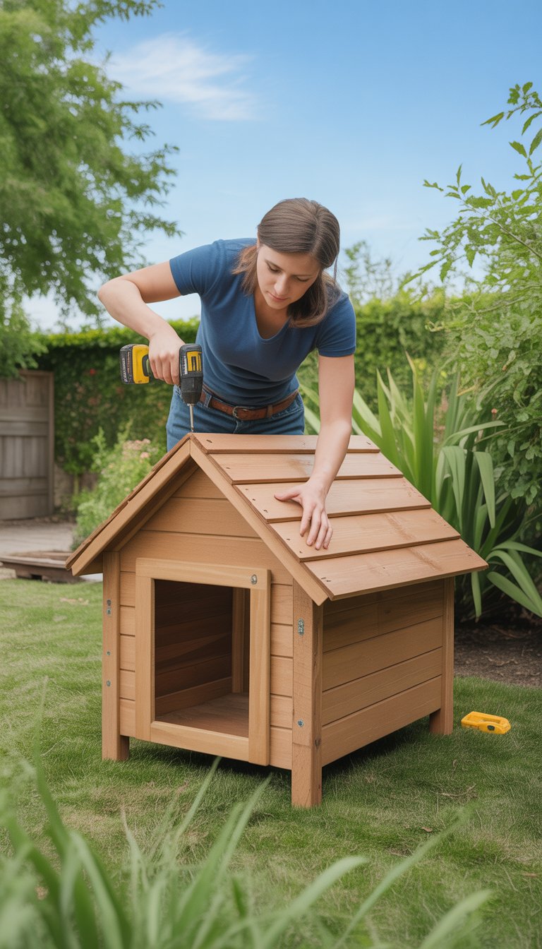 A person installing a hinged roof on a wooden dog house outdoors in a backyard.