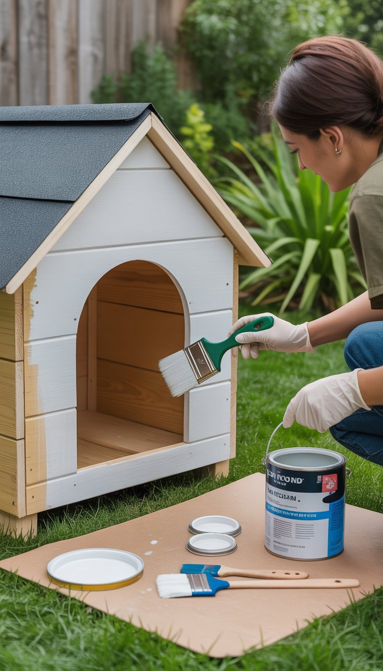A person painting a wooden dog house outdoors in a backyard with paint supplies nearby.