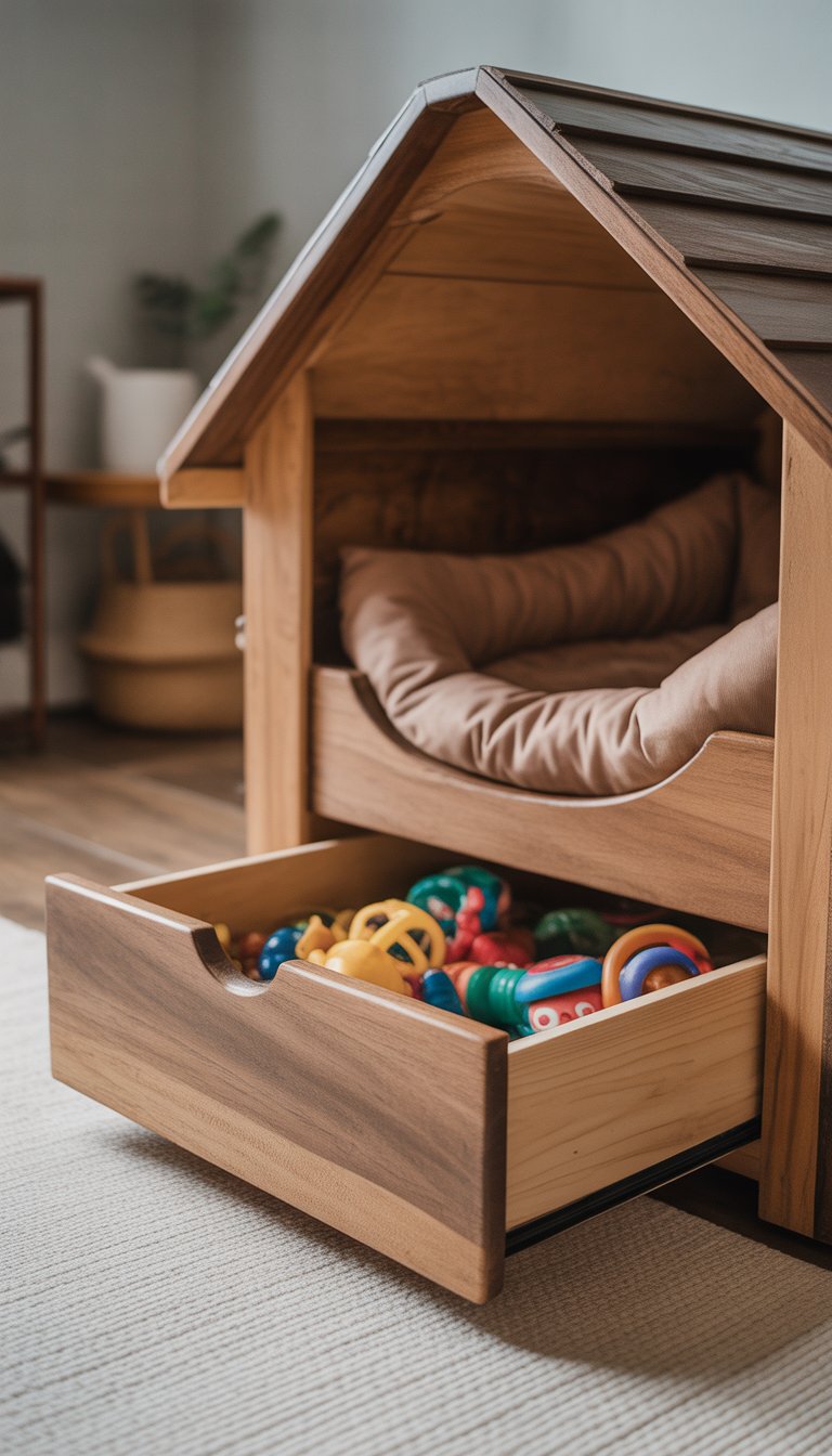 A wooden DIY dog house with a cushioned bed and an open drawer underneath filled with dog toys in a clean indoor setting.