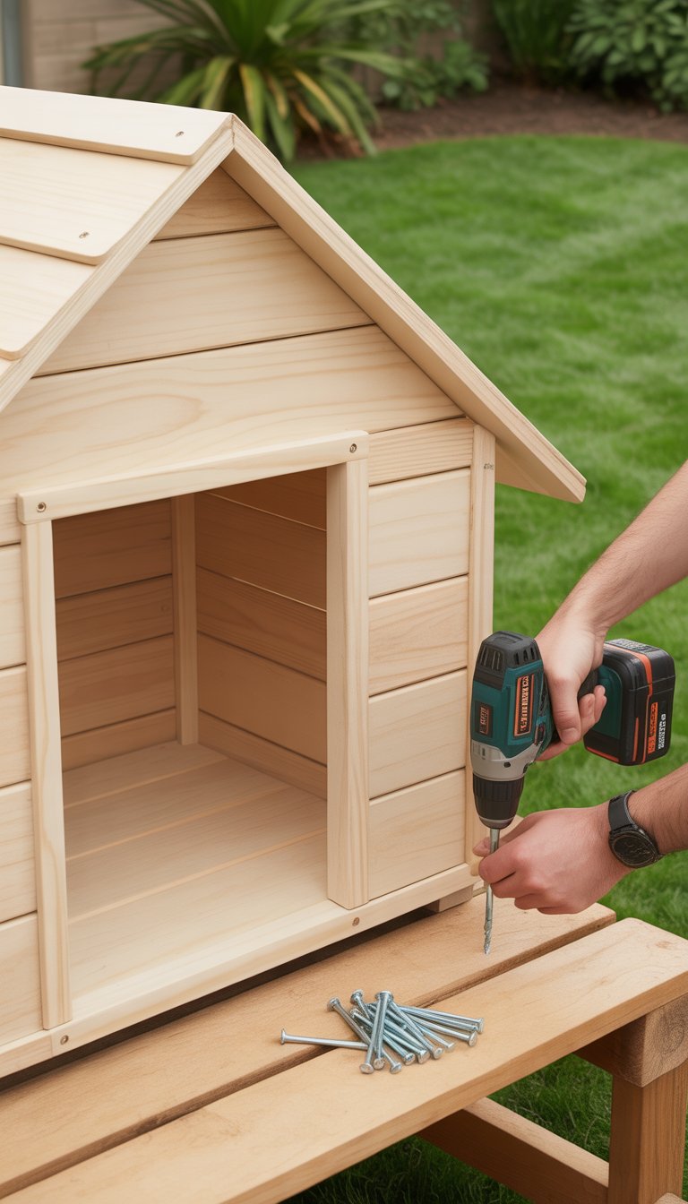Hands assembling a wooden dog house outdoors using weather-resistant screws and a cordless drill in a backyard.