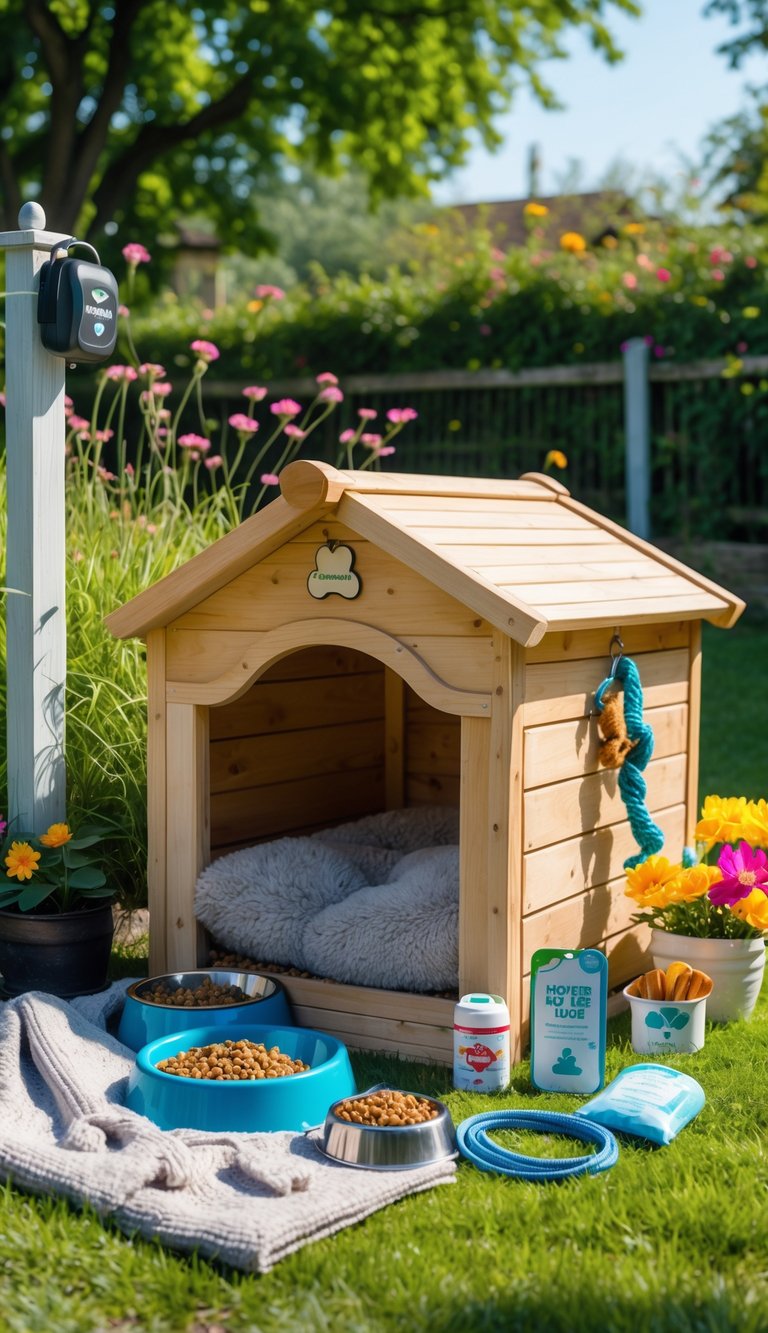 A wooden dog house surrounded by dog accessories including bowls, toys, a blanket, collar, leash, grooming brush, sweater, treat jar, first aid kit, and waste bag dispenser in a sunny backyard.