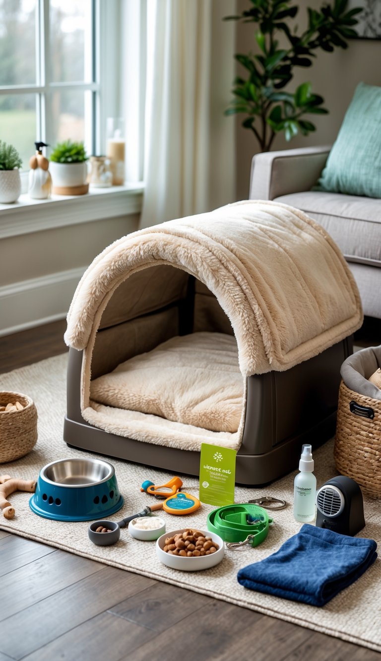 A cozy heated dog house indoors surrounded by various pet accessories arranged neatly, creating a comfortable space for a dog.