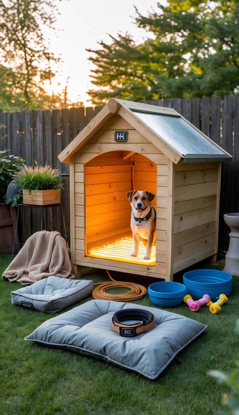 A cozy dog house with a heated pad inside, surrounded by various dog accessories in a sunny backyard.