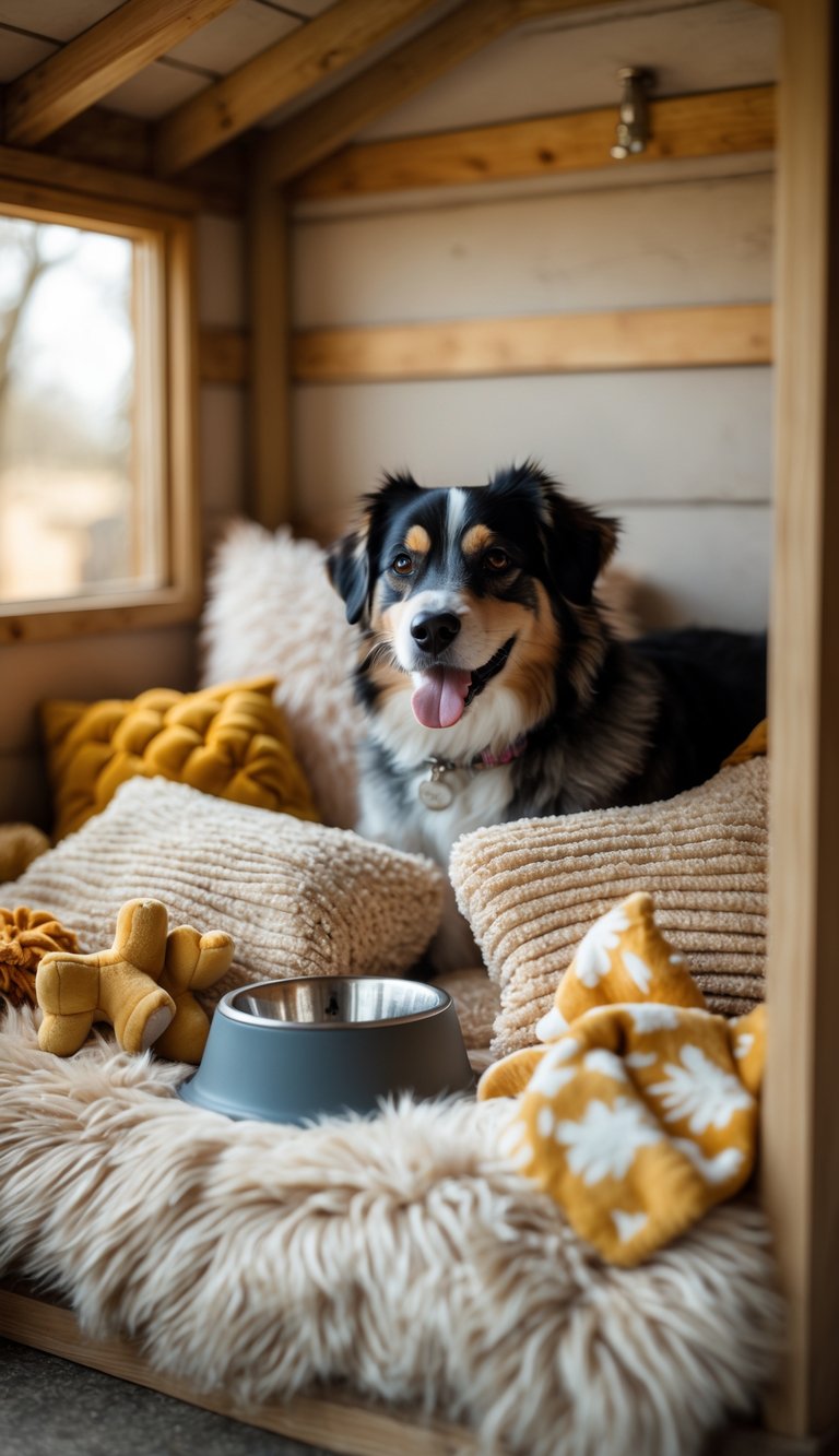 A cozy dog house interior with soft plush bedding, dog bed, toys, and water bowl arranged neatly inside.