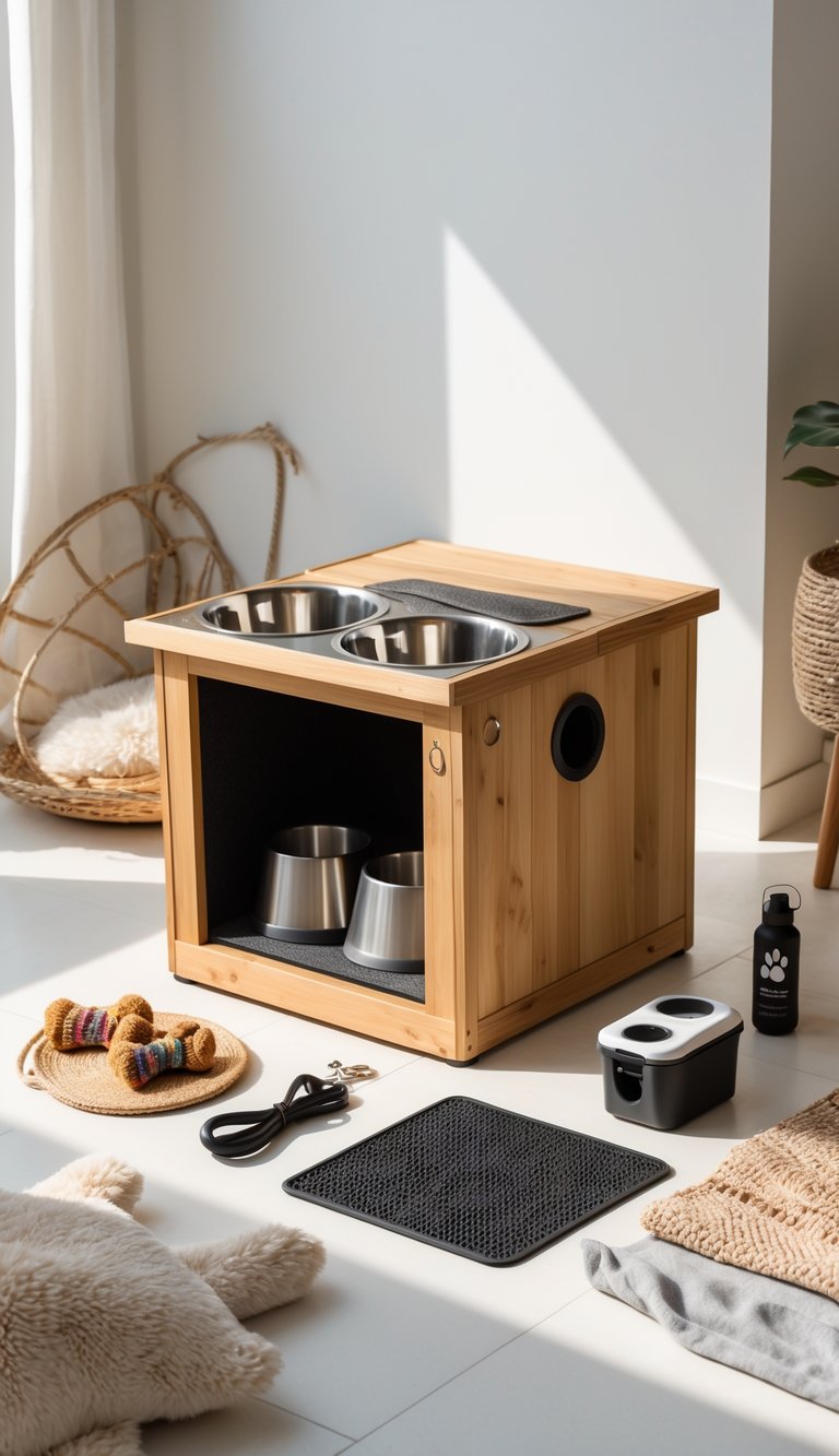 A dog house with a fold-away feeding station and various dog accessories arranged around it in a bright indoor setting.