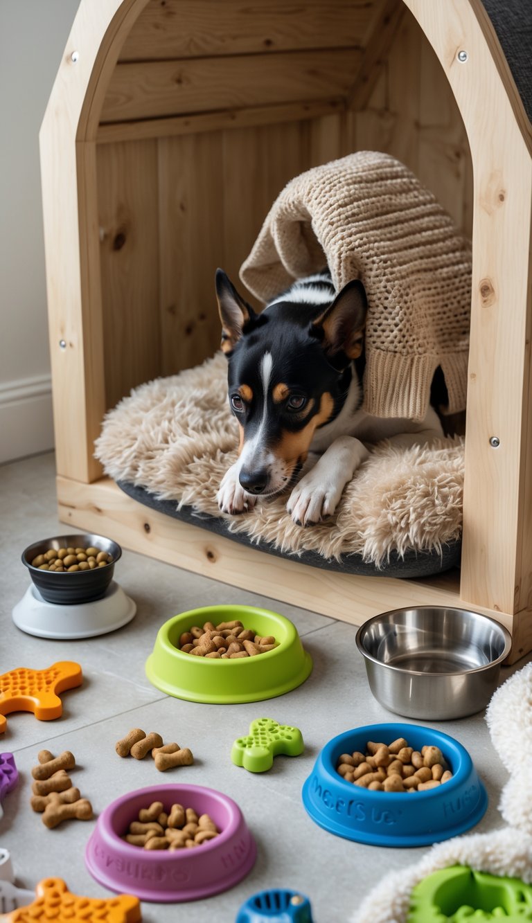 A cozy indoor dog house setup with a soft bed, interactive treat puzzle toys, water and food bowls, chew toys, a blanket, and a dog sweater arranged neatly around it.