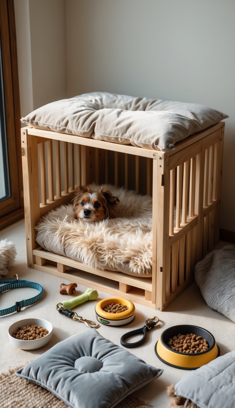 A compact wooden dog crate with soft bedding and various dog accessories arranged around it in a warm indoor setting.