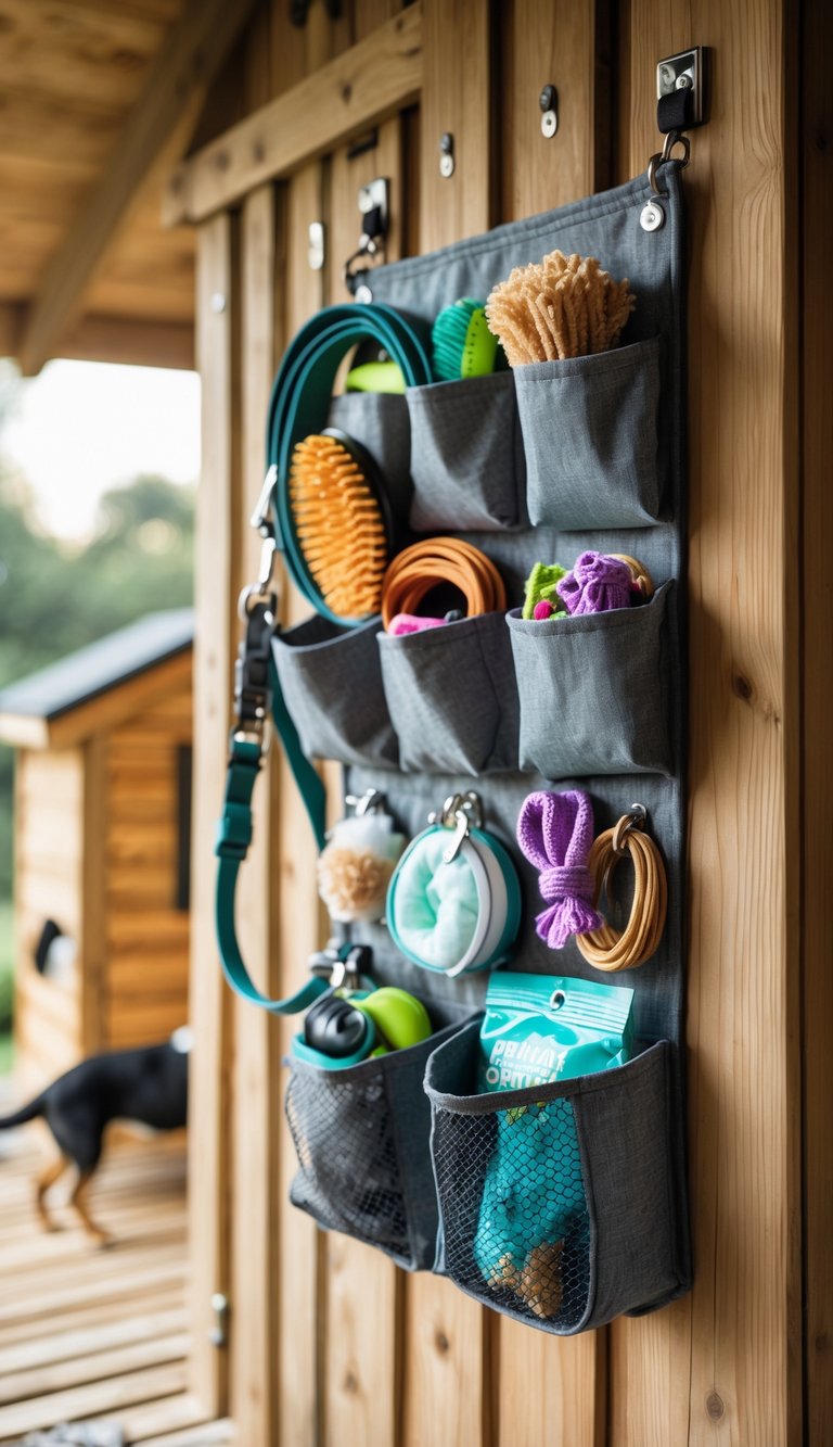 A hanging wall organizer filled with dog supplies next to a wooden dog house in an outdoor setting.