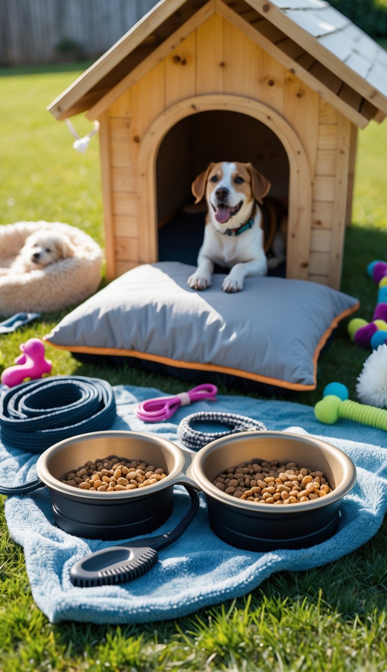 A cozy dog house setup outdoors with durable food and water bowls, a dog bed, toys, and other dog accessories arranged neatly on grass.
