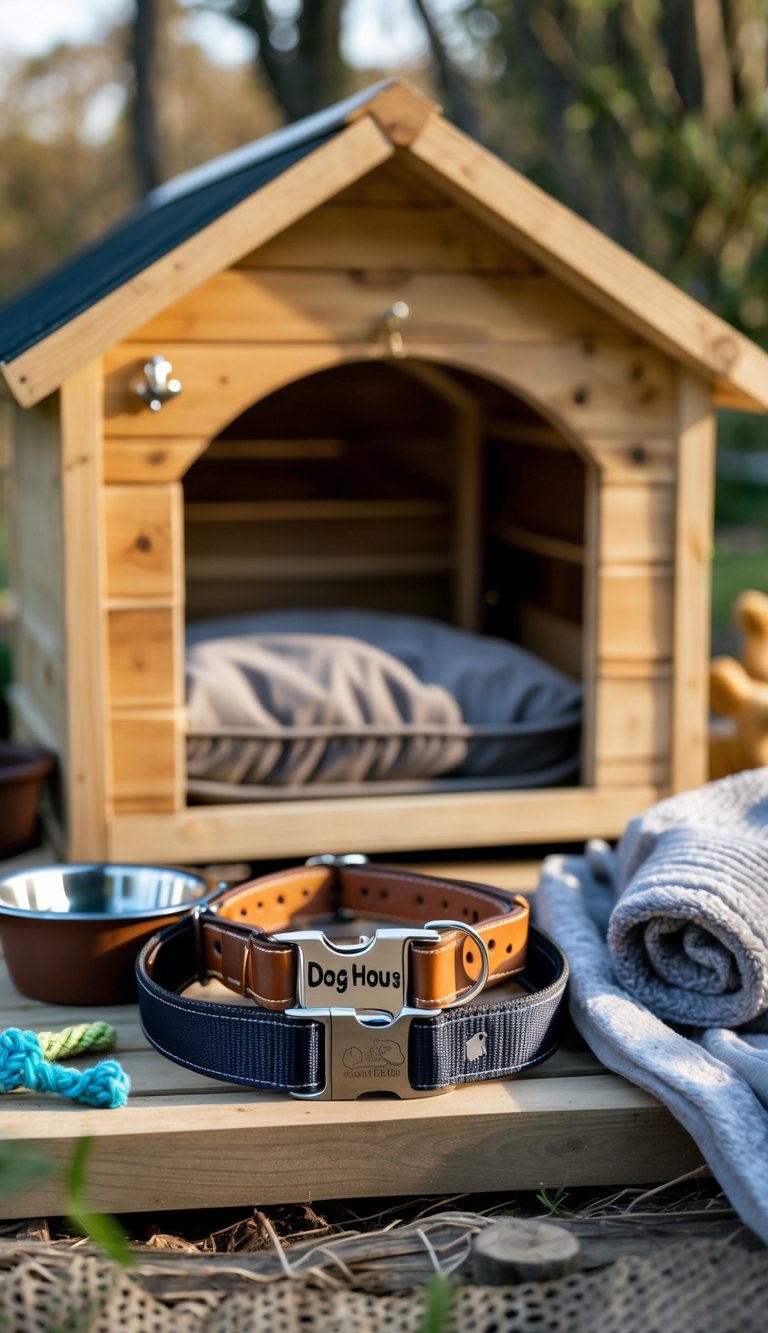 A sturdy dog collar with an ID tag next to a cozy wooden dog house with dog accessories around it.