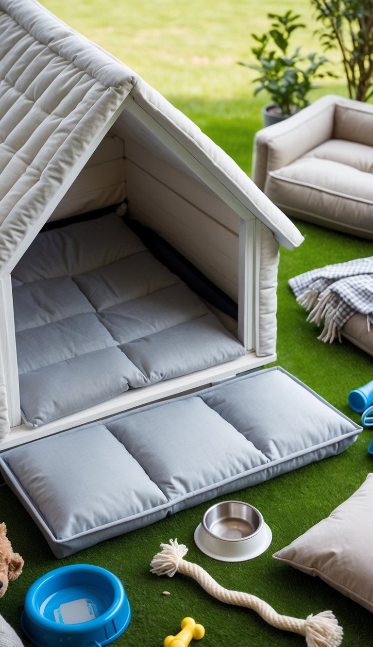 A dog house interior featuring a cushioned insulated floor pad with dog accessories like a water bowl, chew toy, blanket, and collar arranged nearby in a backyard setting.