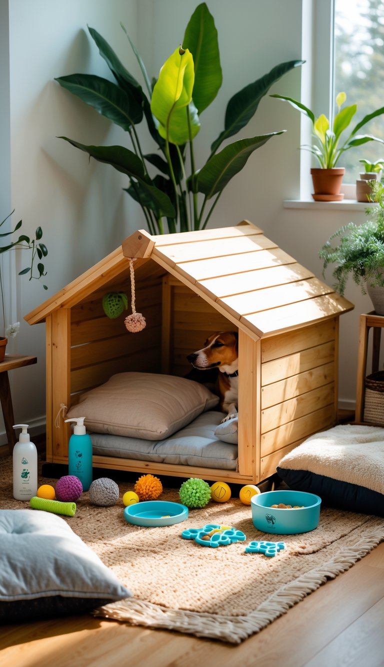 A cozy dog house setup indoors with cushions, sensory toys, food and water bowls, and calming accessories arranged around it.