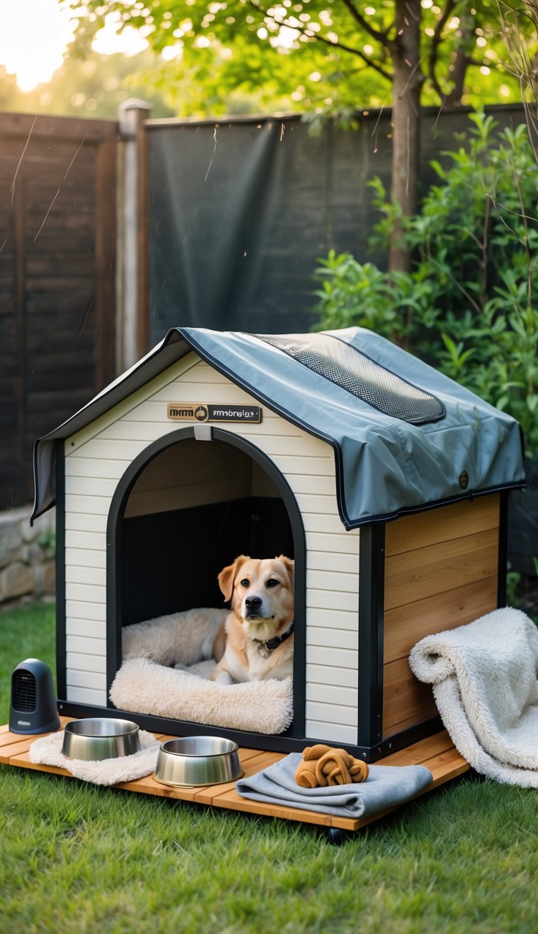 Outdoor dog house with a weather-resistant cover and various accessories like a dog bed, food bowls, and toys in a backyard.