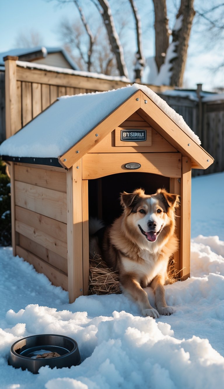 A dog sitting comfortably in front of a well-insulated dog house surrounded by snow in a winter backyard.