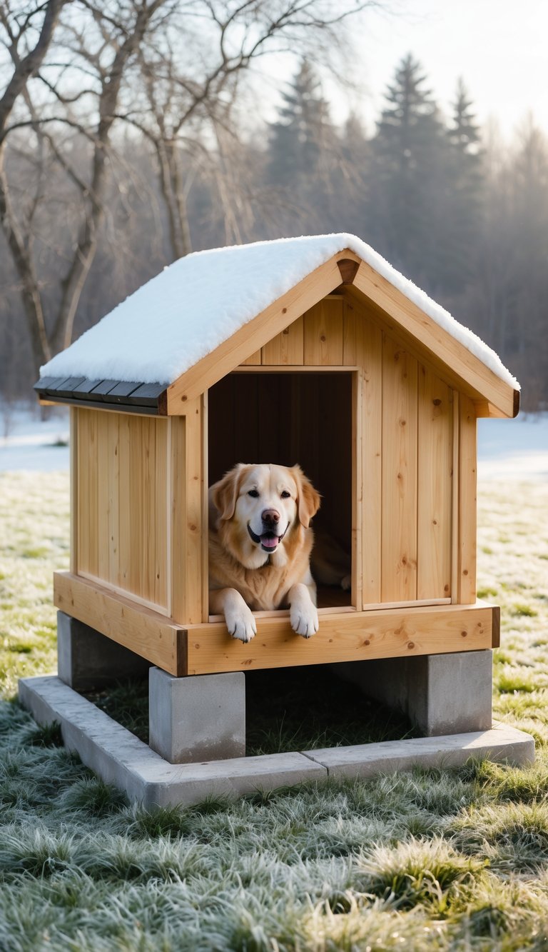 A dog house elevated on a platform in a snowy winter setting with a dog resting inside.