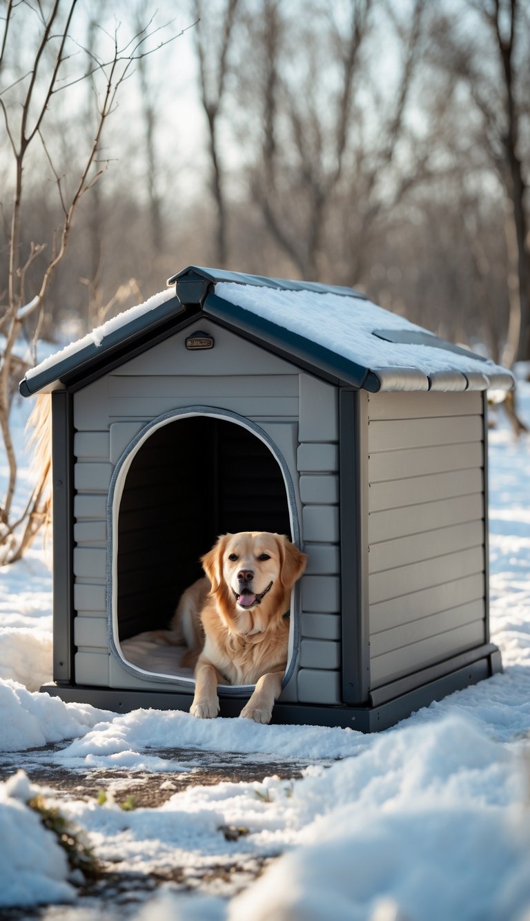 A dog resting inside a cozy, insulated dog house surrounded by snow in a winter landscape.
