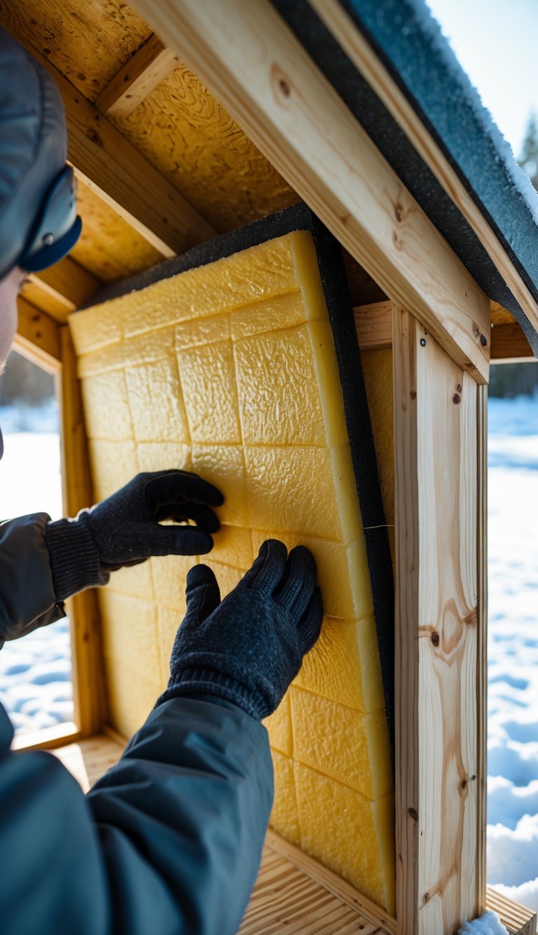 A person installing foam board insulation inside the walls and roof of a dog house outdoors in cold weather.