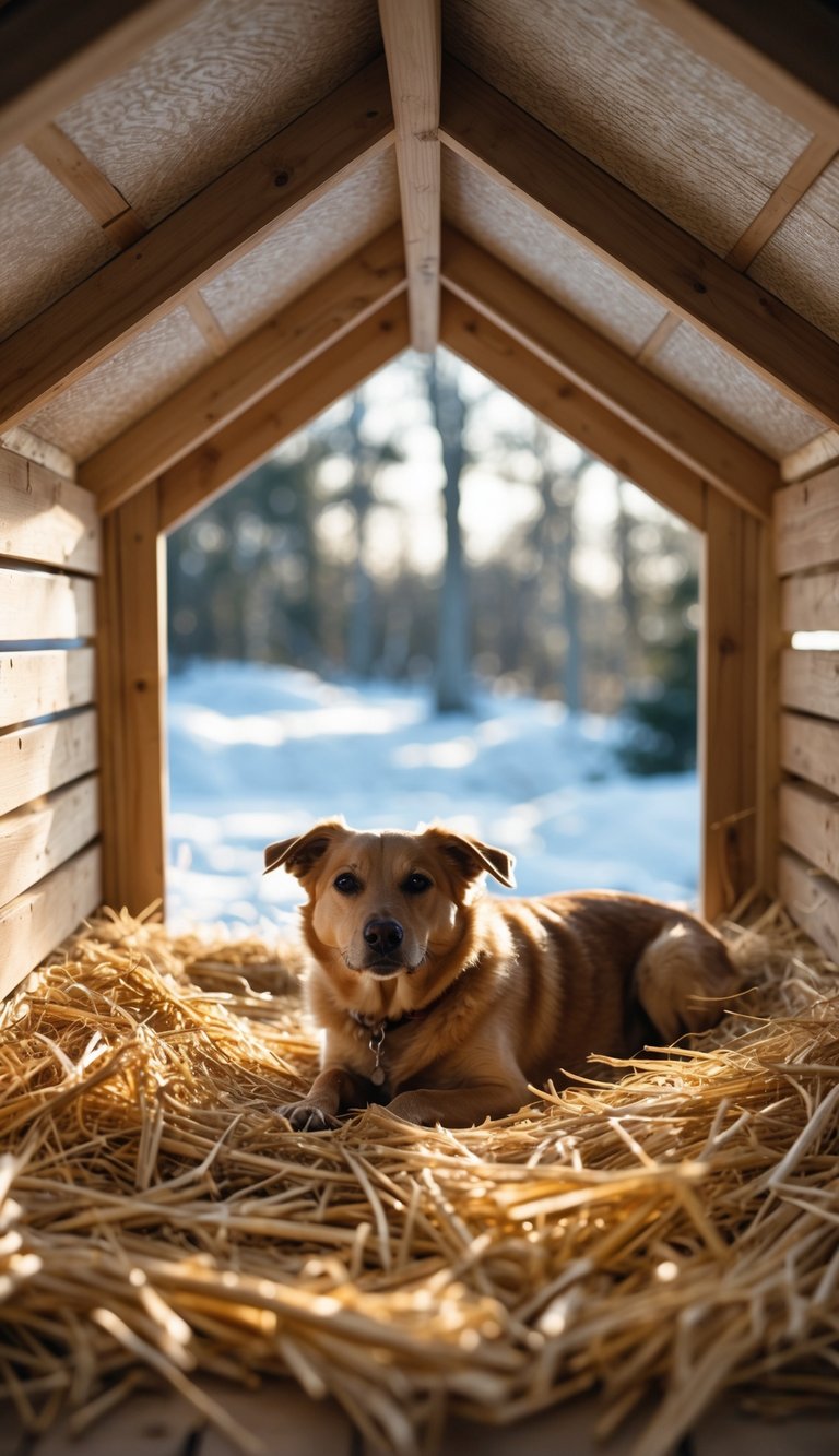 A dog resting comfortably inside a wooden dog house lined with straw bedding on the floor for warmth during winter.