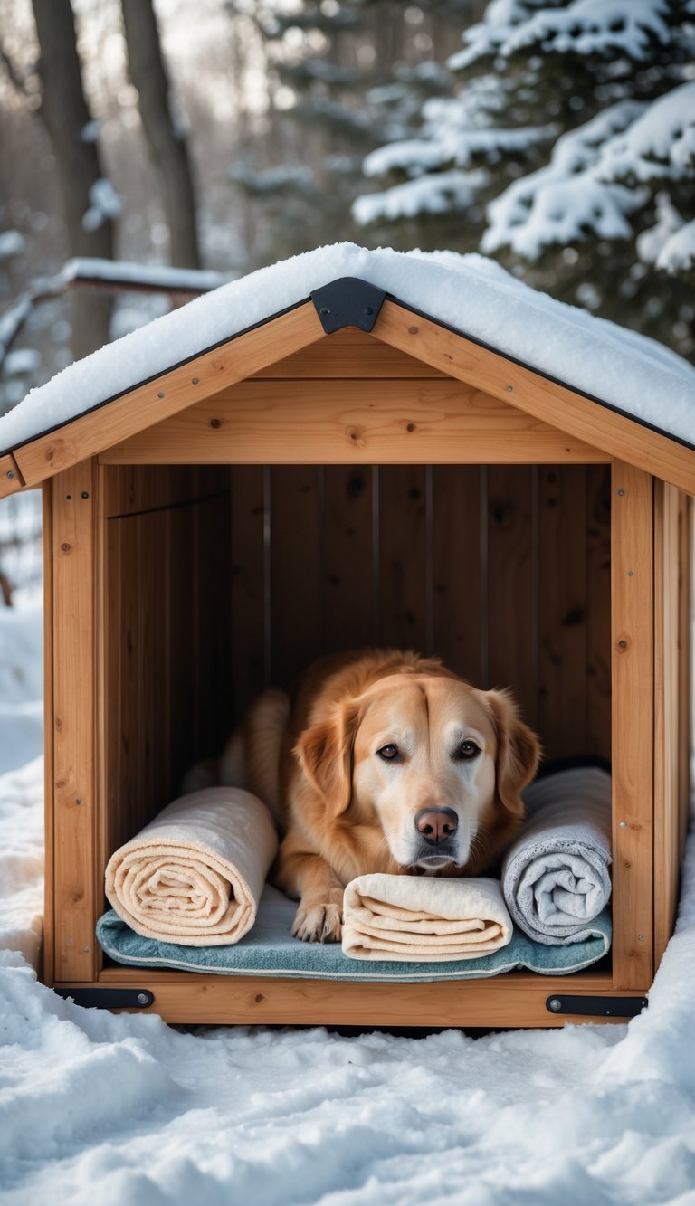 A dog resting inside a wooden dog house lined with old towels and blankets for warmth in a snowy outdoor setting.