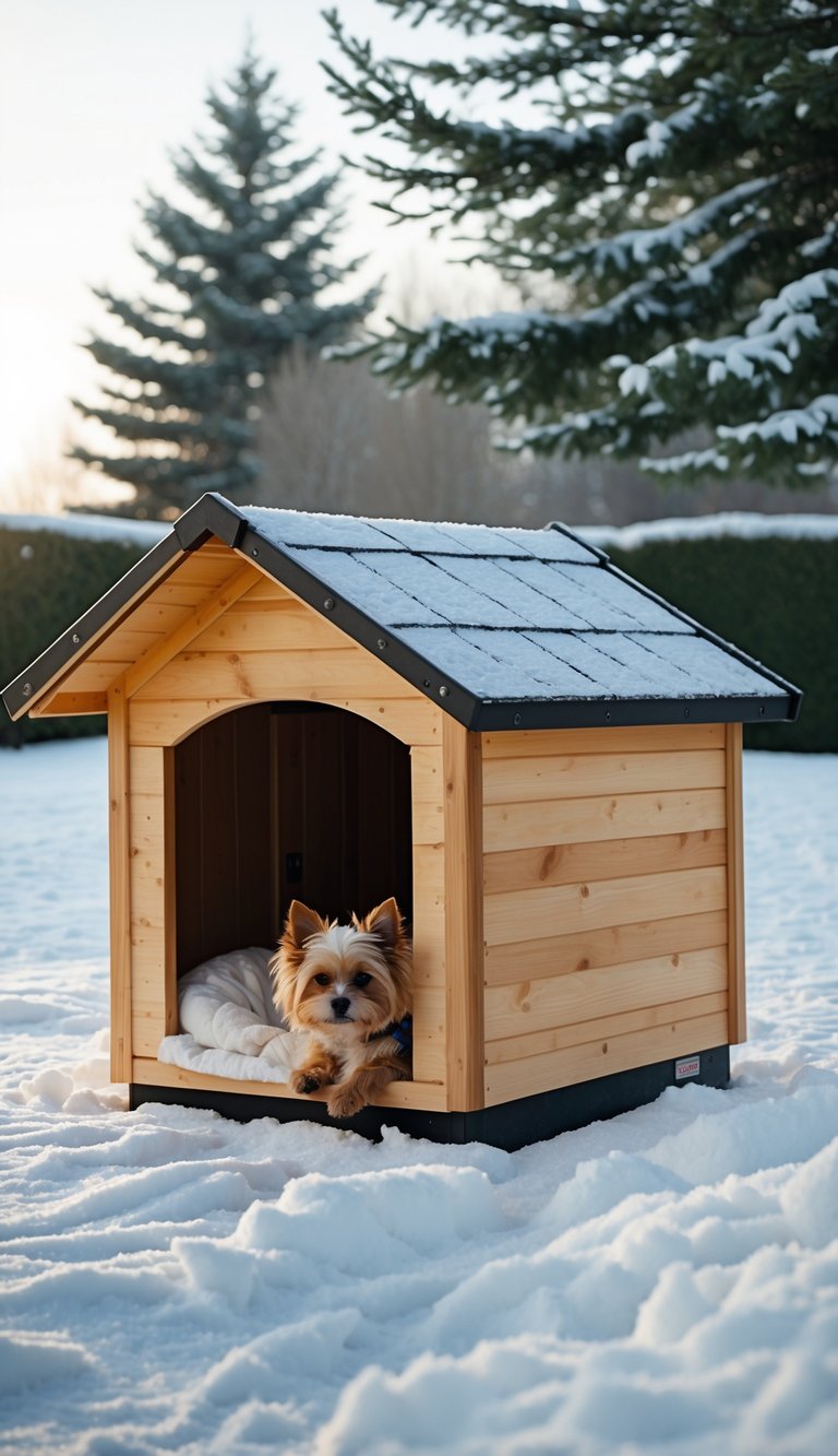 A small, insulated dog house in a snowy yard with a dog resting nearby, surrounded by snow-covered trees.