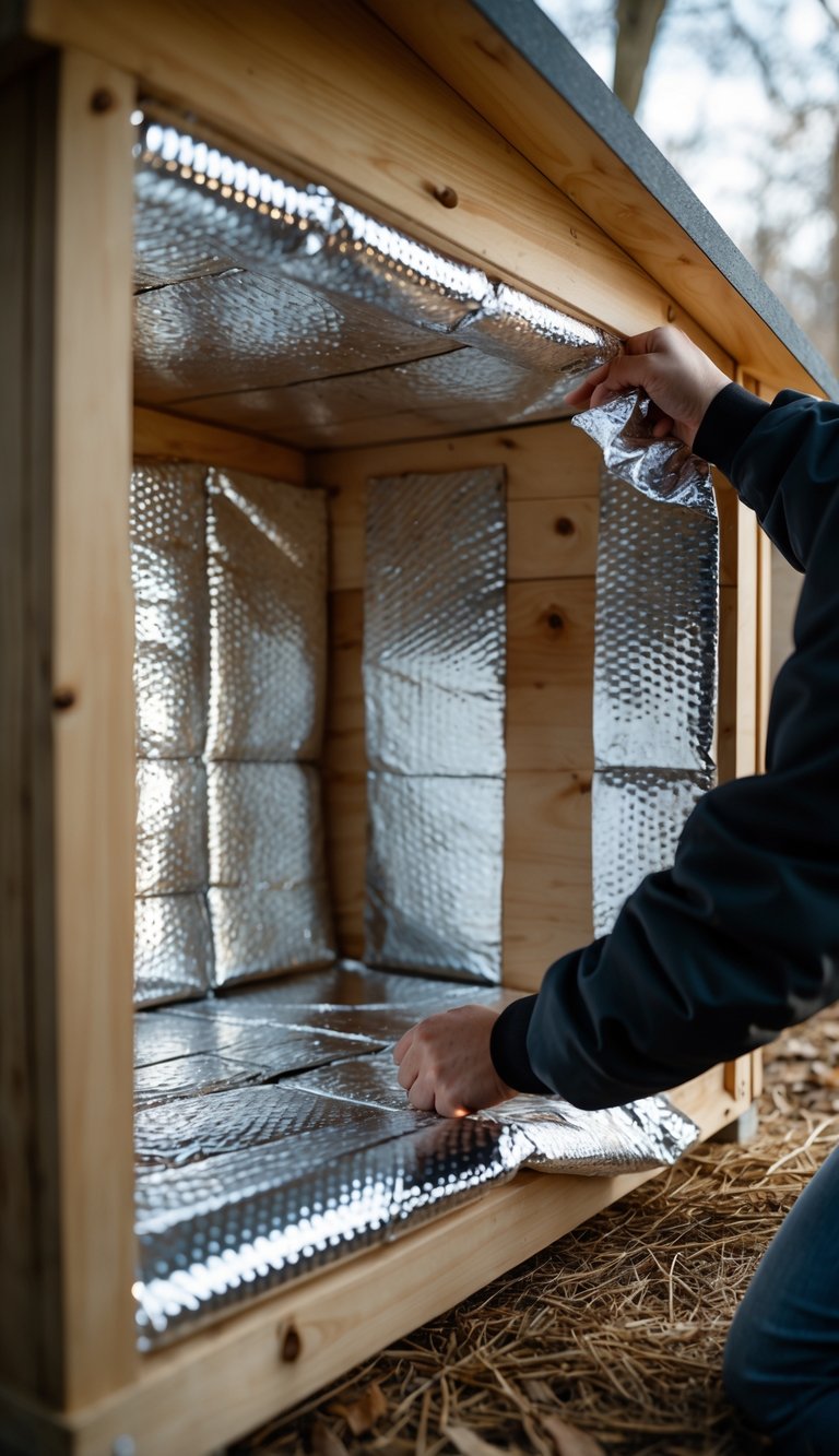 Hands installing aluminum foil bubble insulation behind wooden panels inside a dog house to keep it warm and protected.