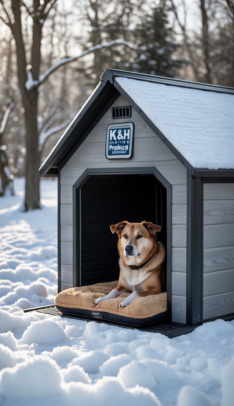 A dog resting comfortably inside a winter-proof dog house on a heated bed surrounded by snow.