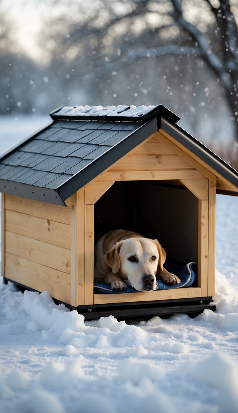 A dog resting inside a weatherproof dog house with a sloped roof in a snowy outdoor setting.