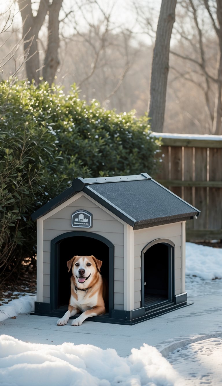 A dog house placed in a sheltered outdoor area with snow on the ground and a dog sitting nearby.