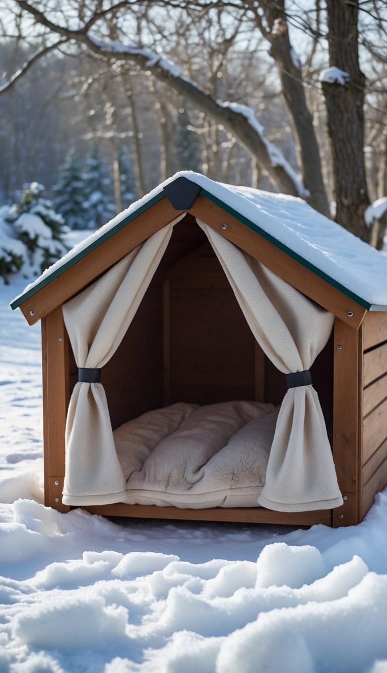 A cozy dog house with a snug-fitting fabric door curtain in a snowy outdoor setting.