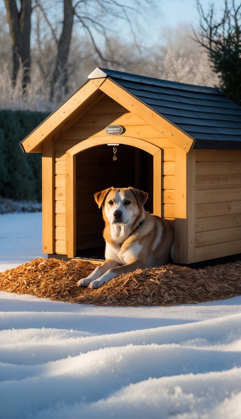 A dog house surrounded by cedar chips with a dog sitting nearby in a snowy winter yard.
