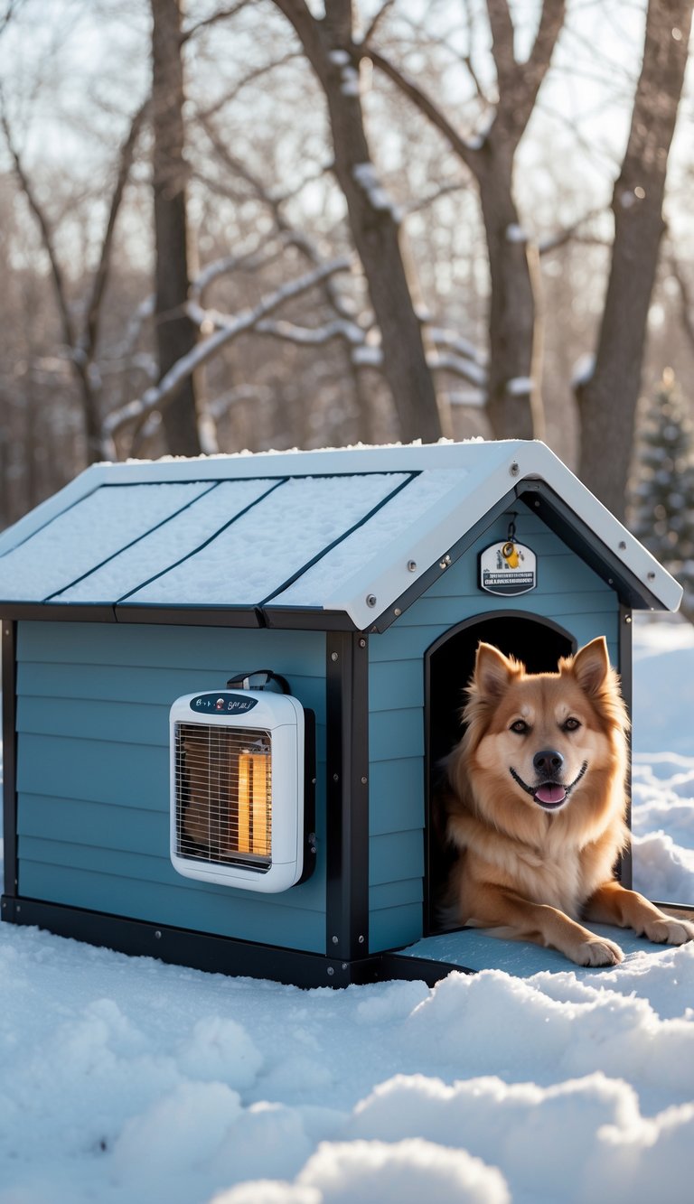 A dog resting inside a heated dog house with a thermostat in a snowy backyard during winter.