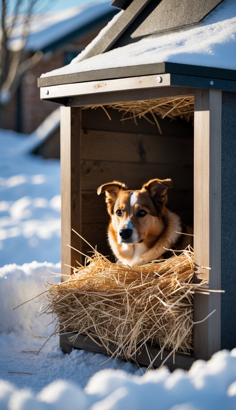 A dog house with fresh dry straw bedding in a snowy outdoor setting with a dog resting nearby.