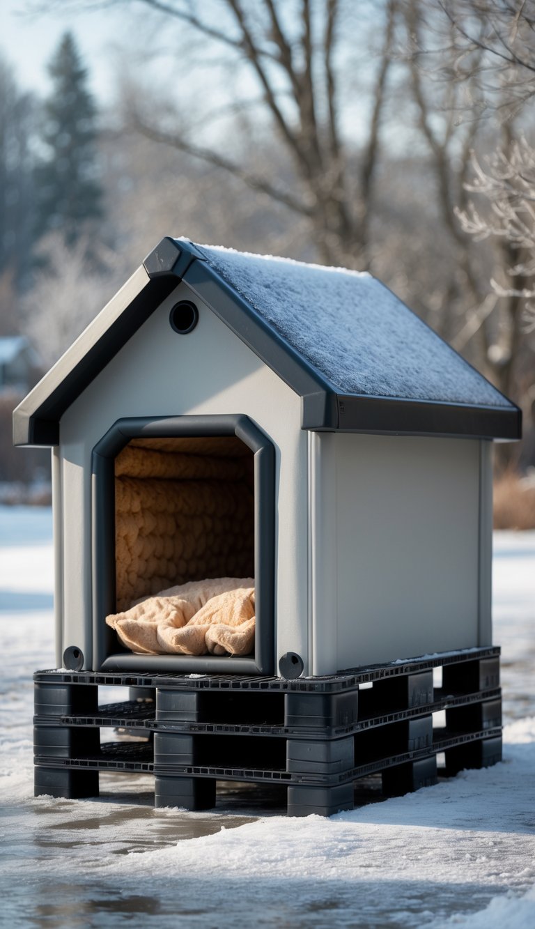 A dog house elevated on plastic pallets outdoors in a snowy winter setting.