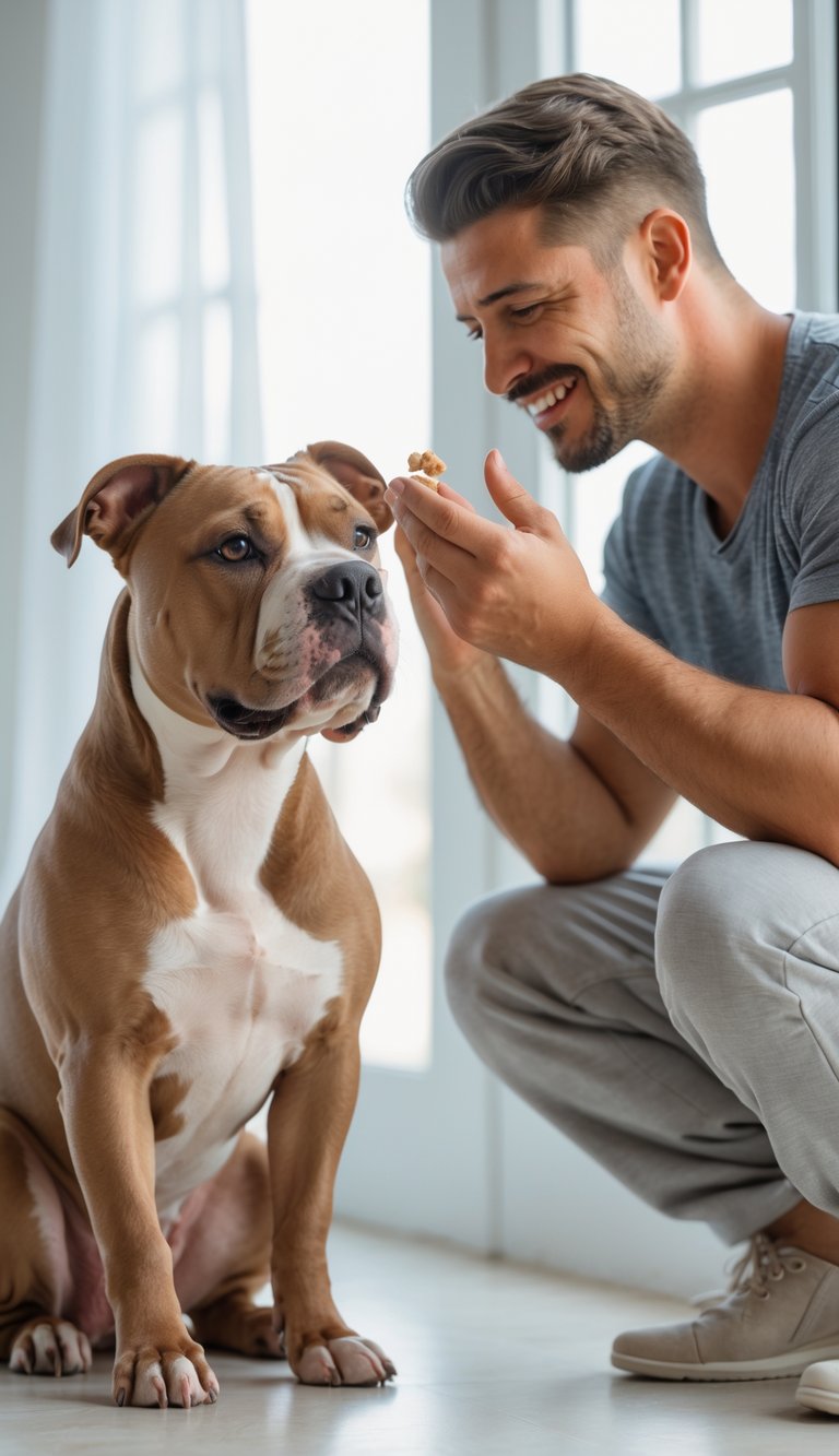 A Pitbull dog sitting attentively while its owner holds a treat and praises it indoors.