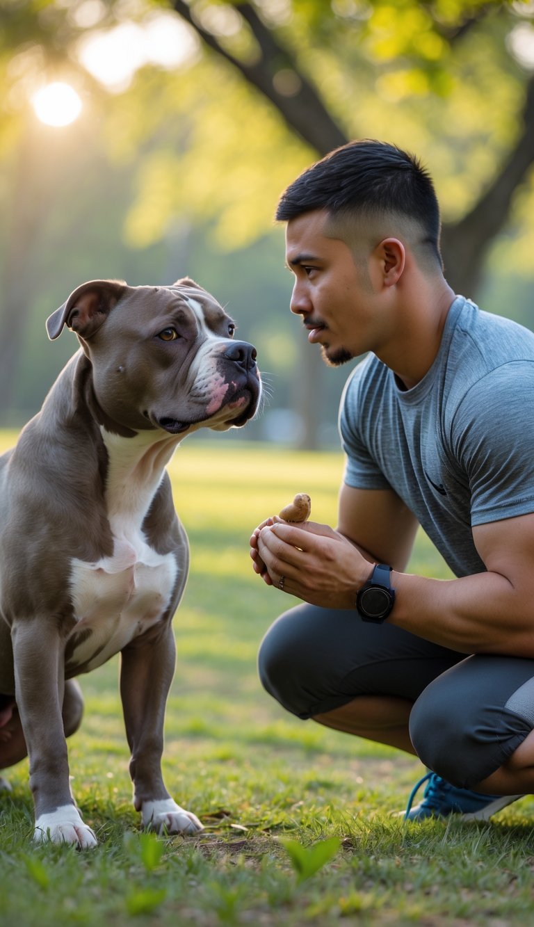 A Pitbull dog attentively looking at its owner who is kneeling and holding a treat in a green park.