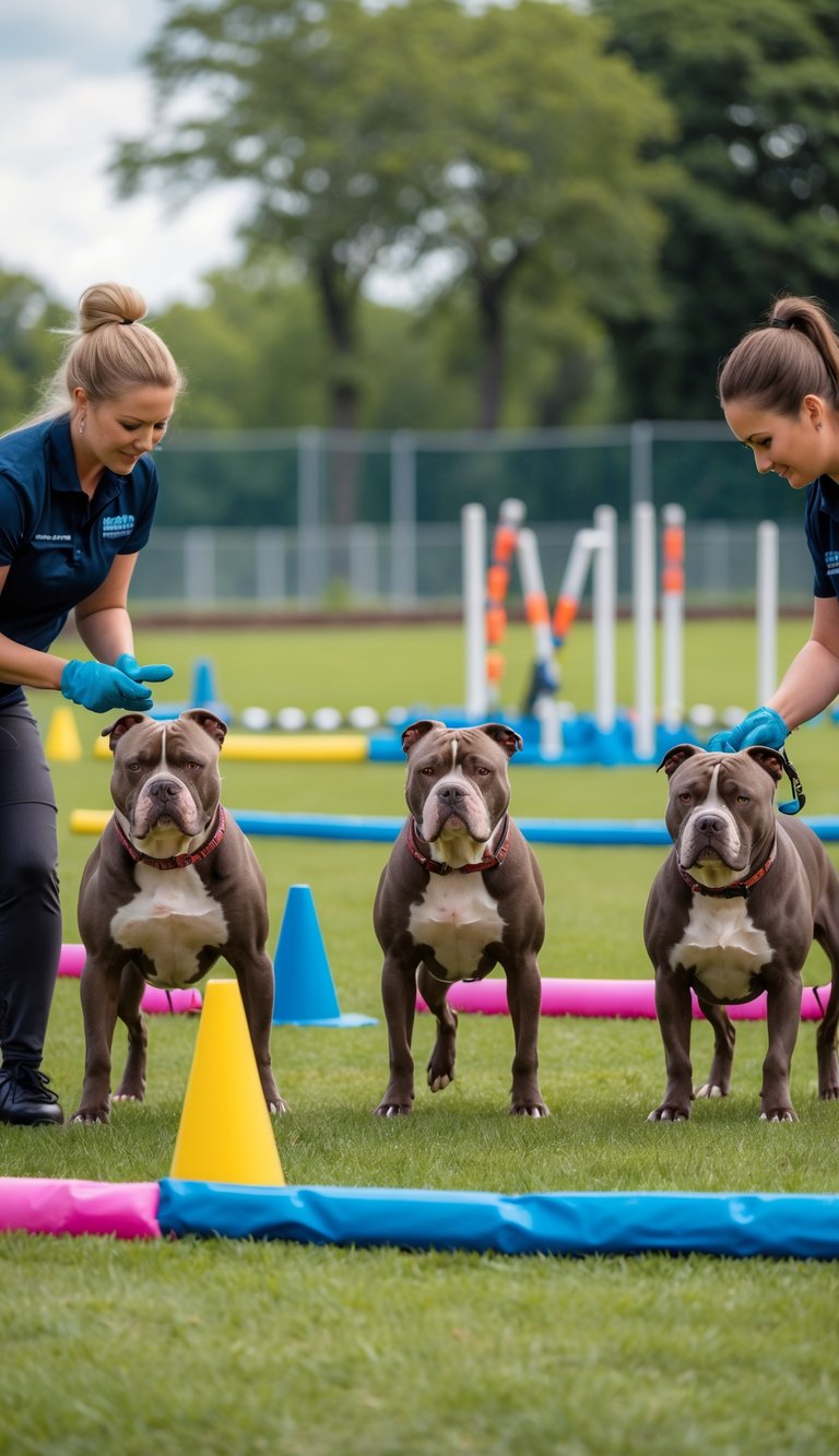 Three Pitbulls calmly trained in separate marked zones by trainers outdoors in a green dog training area.