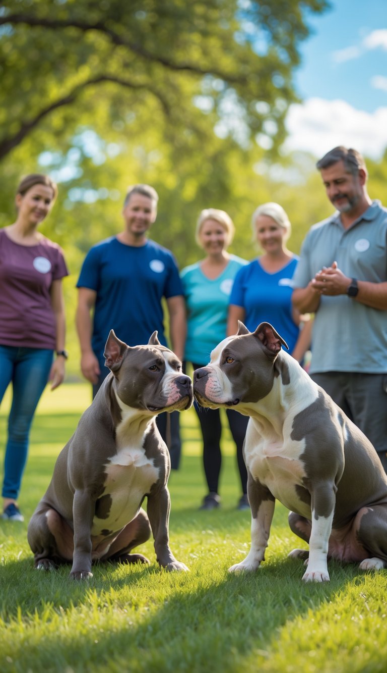 Two calm Pitbull dogs interacting peacefully in a park while their owners watch nearby.